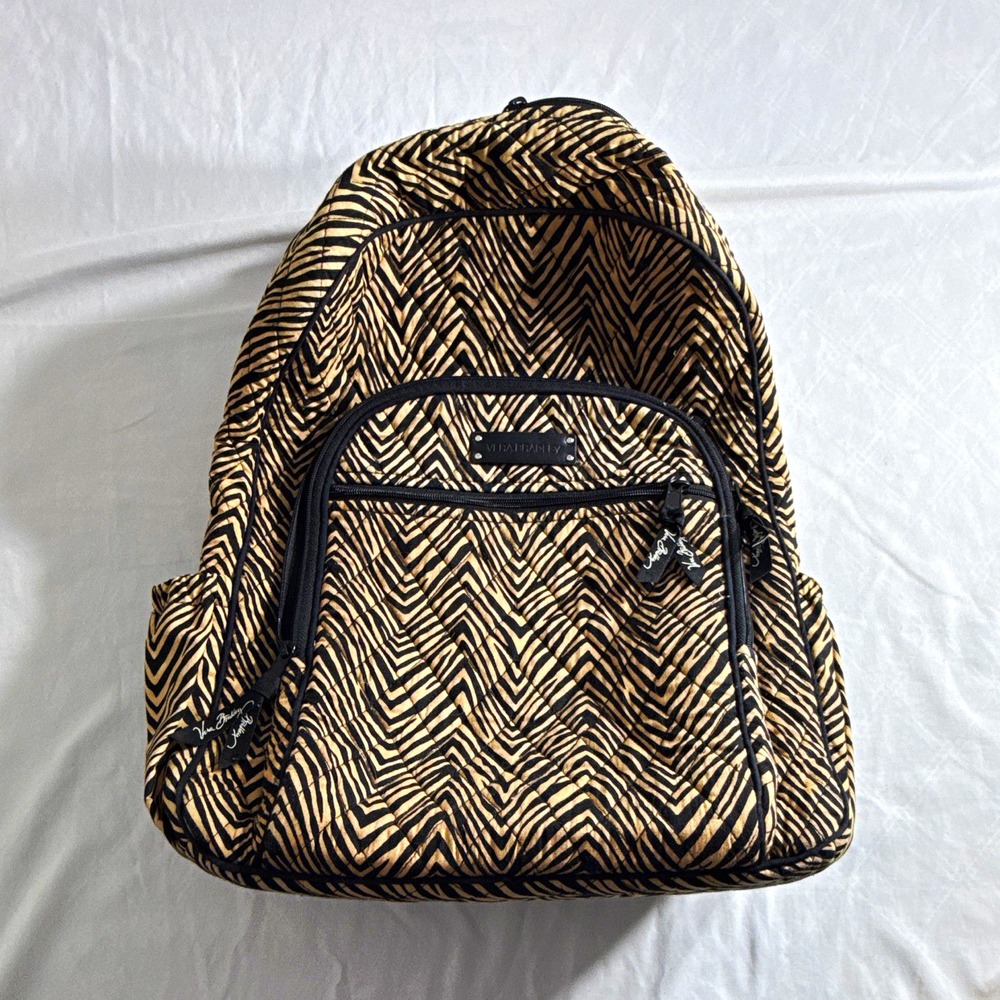 Vera Bradley Black Beige Zebra Print Quilted Medium Zip Backpack Bag